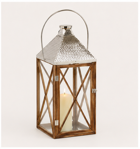 Farol de madera natural con tapa de acero inoxidable, portavelas grande estilo rústico, farol decorativo colgante para decoración del hogar y jardín - Product Image 3