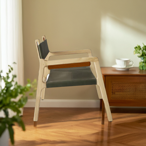 Silla de comedor con brazos, hecha de madera maciza de teca con asiento y respaldo de cuero, color madera natural, para uso en interiores y exteriores. - Product Image 2
