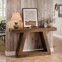 Console rustique en bois massif avec base en tréteaux et étagère de rangement pour entrée et salon