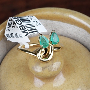 Wholesale 925 Sterling <b>Silver</b> Yellow Gold Plated Natural Pear Green <b>Emerald</b> Two Stone Bypass <b>Ring</b> Memoria Jewels - Product Image 3