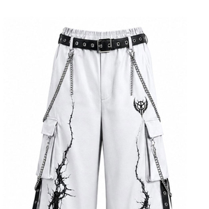 Pantalon cargo gothique blanc pour homme, coupe large, imprimé croix, taille élastique avec ceinture chaîne - Product Image 4