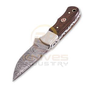 Cuchillo de caza de hoja fija de acero de Damasco, punta caída, mango de madera, filo recto, funda de cuero, para camping al aire libre, bricolaje, OEM - Product Image 5