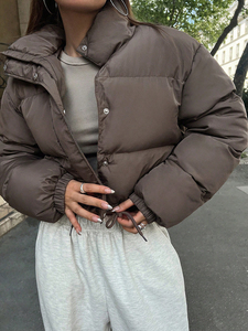 <b>Women's</b> Short Quilted Puffer <b>Jacket</b> Stand Collar Zipper Thick Winter <b>Padded</b> Coat Adjustable Waist Brown - Product Image 2