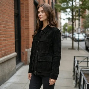 Handmade Black <b>Suede</b> Utility <b>Jacket</b> <b>Women</b>, Genuine Leather Shirt Style Coat - Product Image 1