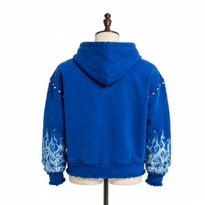 เสื้อฮู้ดดี้ผู้ชายแบบมีคริสตัลตกแต่ง สีน้ำเงินฟอก แต่งหมุดโลหะ ซิป ODM ผ้าฝ้ายฟลีซ 100% ระบายอากาศได้ดี เสื้อผ้าสตรีทแวร์สำหรับฤดูหนาว ขายส่งจากผู้ผลิต - Product Image 5
