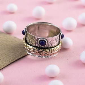 Handmade Lapis Lazuli 3 Tone Rose Gold Plated 925 Sterling <b>Silver</b> Meditation Spinner <b>Ring</b> for Women & <b>Men</b> Boho Statement Jewelry - Product Image 1