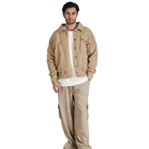 Blouson bomber beige boutonné pour homme, style streetwear décontracté, léger, col montant, vêtement d'extérieur, fabricant de vêtements personnalisés, conception OEM - Product Image 4