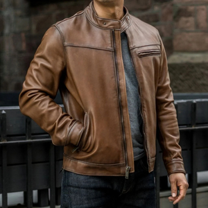Veste en cuir véritable marron vieilli pour homme, style streetwear, col Mao, fermeture éclair avant, coupe ajustée, vintage, premium, décontractée, OEM, vêtement d'extérieur d'hiver - Product Image 4