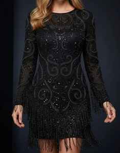 Robe de cocktail noire de luxe à franges perlées pour femmes |   Robe de soirée longue en maille à manches longues avec broderie à la main - Product Image 2