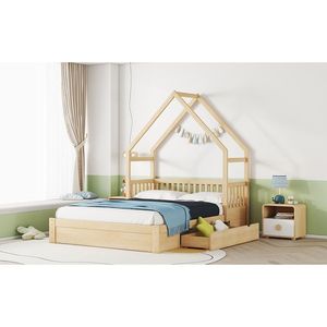 Letto a piattaforma matrimoniale in legno naturale con sponda di sicurezza e 2 cassetti per la cameretta dei bambini - Product Image 6