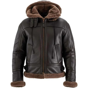 <b>Men's</b> Black Genuine Leather Hooded <b>Jacket</b> Sherpa Fur Lined Zip Up Winter Bomber Coat Winter Bomber <b>Flight</b> <b>Jacket</b> - Product Image 1
