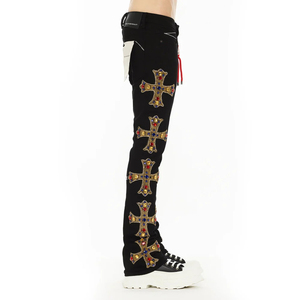 Jeans de Hombre Negros con Estrellas Bordadas, Corte Recto, Cintura Alta, Cierre de Cremallera, Estilo Casual, Lavado, para Otoño - Product Image 3