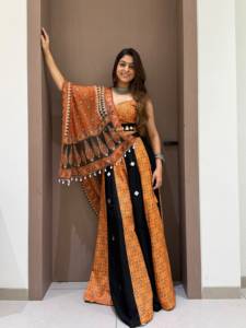 Conjunto de Lehenga Choli de Rayón con Estampado Étnico para Mujer, Bordado con Espejos Reales, Estampado, Dupatta de Mul, Largo hasta el Suelo, Ajuste Regular, para Fiesta - Product Image 3