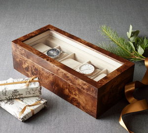 Caja de relojes de madera de diseño artesanal para hombres y mujeres, caja de almacenamiento para colección de relojes de lujo con tapa acrílica y 5 ranuras - Product Image 6