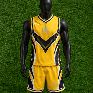 Conjunto de Uniforme de Baloncesto Unisex de Alta Demanda, Amarillo y Negro, Sublimado, Cuello en V, Sin Mangas, Absorbe la Humedad, Ajuste Atlético, Logotipo Personalizado - Product Image 1