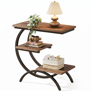Modern C Shaped Side Table <b>Rustic</b> Wood 3 Tier End Table Curved Metal Frame Creative Living Room Sofa Bedside Decorative <b>Shelf</b> - Product Image 1