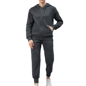 Ensemble de survêtement décontracté pour femme, gris foncé, à capuche, couleur unie, manches longues, fermeture éclair, pantalon de jogging, respirant, 100 % coton, pour l'automne - Product Image 1