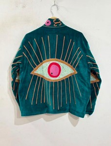Chaqueta de terciopelo Suzani reversible acolchada con bordado de ojo de diablo para mujer, hecha a mano, con diseño floral étnico, estilo llamativo, para capas, 100% - Product Image 2