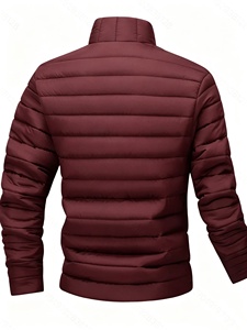 Men's <b>Burgundy</b> <b>Puffer</b> <b>Jacket</b> Stand Collar Zipper Closure Lightweight Windproof Casual Winter Wear Slim Fit Polyester Wadding - Product Image 2