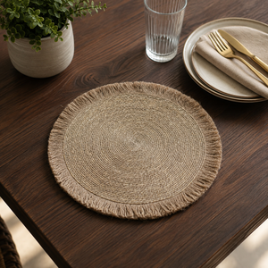 Set de table rond en jonc de mer style bohème avec franges en jute, en fibres naturelles, écologique, fait main, pour la décoration de table et de la maison - Product Image 4