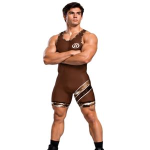 Brown <b>Mens</b> Wrestling Singlet Sleeveless Compression Breathable 100% Polyester Athletic <b>Bodysuit</b> Training Competition Sports - Product Image 3