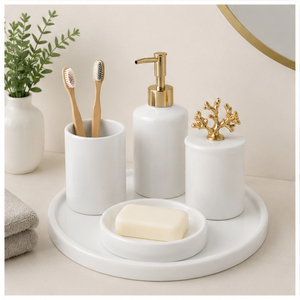 Modern Luxury White Marble Bathroom Accessory Set with Gold Accents Soap Dispenser <b>Toothbrush</b> <b>Holder</b> Tray and Lidded Storage Jar - Product Image 2