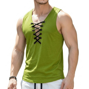 Camiseta sin mangas de streetwear para hombre al por mayor OEM, con logo personalizado, cuello en V con cordones frontales, top casual de verano, camisetas sin mangas a granel para hombre - Product Image 3