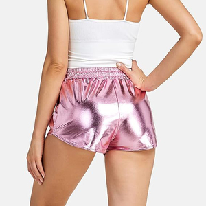 Metallic Shorts Women Solid Pink Elastic Smocked Drawstring Glossy Shiny Rave <b>Dance</b> Festival Hot <b>Pants</b> - Product Image 2