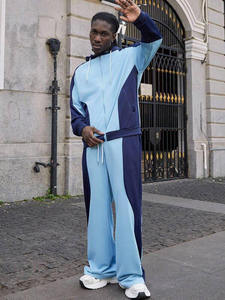 Mens Light Blue and Navy Blue Contrast Full-<b>Zip</b> <b>Hooded</b> Sweatshirt and Matching Pants Tracksuit OEM ODM Wholesale Apparel - Product Image 5