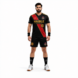 Maillot de handball personnalisé pour homme, séchage rapide, imprimé numériquement, col en V, coupe ajustée, noir et rouge, bande diagonale, poly-spandex extensible 200 GSM, pour équipe - Product Image 1