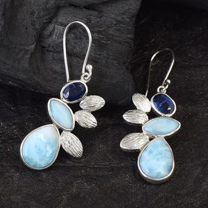Flower Shape Drop <b>Earrings</b> With Sapphire And Larimar Gemstone In <b>Solid</b> 925 Sterling <b>Silver</b> Bezel Setting For Women Bohemia Style - Product Image 2