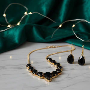 Collier en onyx noir, collier statement multi-formes en argent 925 plaqué or 18 carats, bijoux de mariage et de soirée, cadeau pour femme - Product Image 5