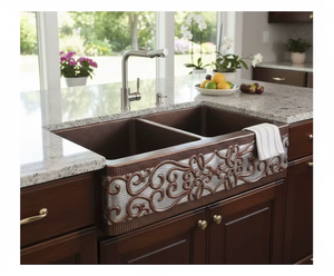 Fregadero de cocina moderno rústico de cobre macizo con delantal frontal, fregadero individual profundo, acabado en pátina oscura antigua - Product Image 1