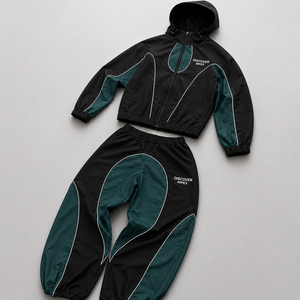 Wholesale Custom Windbreaker Sweat Suit Streetwear Patchwork Hoodies and Sweatpants Set Nylon Tracksuit <b>Zip</b> <b>up</b> <b>Jacket</b> - Product Image 1
