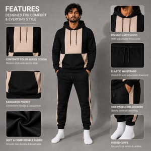 Ensemble de survêtement pour homme noir et beige avec sweat à capuche et pantalon de jogging pour un style décontracté - Product Image 6