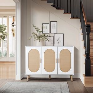 Moderno Armadio Verticale per Scarpe a 3 Ante con Struttura in Truciolato Bianco, Superficie in Legno Naturale e Rattan, Piedini Alti Dorati - Product Image 6