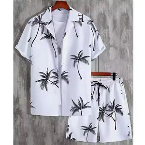 Ensemble chemise et short pour homme, bleu clair, imprimé palmiers, manches courtes, col rabattu, respirant, style décontracté, tenue de plage estivale, style urbain - Product Image 5