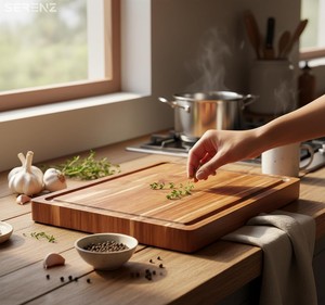 Planche de service et de découpe artisanale en bois d'acacia grand format, antidérapante, avec poignée, pour charcuterie et ustensiles de cuisine, vente en gros - Product Image 4