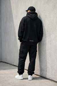 Sweat-shirt à capuche oversize pour homme, noir, 100% coton molletonné, streetwear décontracté, pull-over avec logo imprimé sur le devant, vêtement d'hiver, uni - Product Image 1