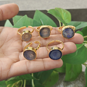 Brass 18k Gold Plated Natural Blue Druzy Agate Gemstone <b>Adjustable</b> <b>Rings</b> Minimalist Statement Unique Style Women Fashion Jewelry - Product Image 5