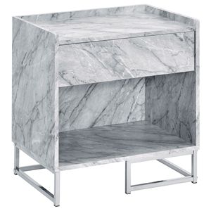 White Faux <b>Marble</b> and Chrome Accent <b>Console</b> <b>Table</b> with Printed Design - Product Image 1
