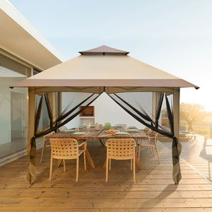 Tenda a baldacchino a 4 lati in rete di garza 3.6x3.6m, in tessuto Oxford bianco, con struttura in ferro verniciato, doppio tetto a sbalzo ad angolo retto, portatile, apertura con un solo pulsante - Product Image 4