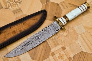 Cuchillo Bowie Táctico de Damasco Hecho a Mano, con Mango de Resina Blanca, Personalizable, Hoja Fija de Acero de Damasco, Multifuncional para Camping - Product Image 3
