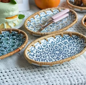Oval Rattan Woven Ceramic Serving <b>Tray</b> with Blue and White Floral Pattern Decorative Ceramic Fruit Plate with Braided Rattan Rim - Product Image 3