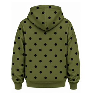 Sweat à capuche décontracté en molleton vert olive à pois noirs pour femme avec cordon de serrage et poche kangourou, style streetwear - Product Image 2