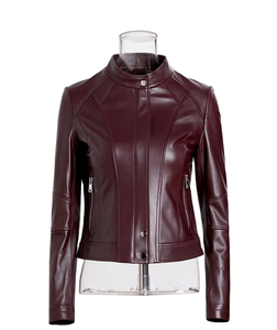 Chaqueta de Moto de Cuero PU para Mujer, con Estampado, Cuello Alto, Cierre de Cremallera, Color Sólido, Calidad Premium, para Otoño - Product Image 1
