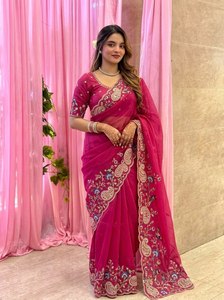 Rani Pink Soft Silk Embroidered <b>Saree</b> with Paisley Border Traditional Wedding Party Diwali <b>for</b> <b>Women</b> - Product Image 3