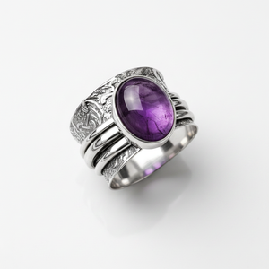 Royal Violet Amethyst Brass Bezel Set <b>Ring</b> Handmade Vintage Engraved Silver Plated Spinner <b>Statement</b> Gemstone Jewelry for - Product Image 4