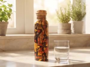 Elegante botella de agua de cobre impresa en negro y amarillo, ecológica y de primera calidad, ideal para la hidratación diaria, yoga, hogar y oficina. - Product Image 4