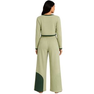 Ensemble pyjama court à manches longues pour femme, vert sauge et vert foncé, pantalon large, vêtements de détente en coton doux, fabrication OEM personnalisée - Product Image 2